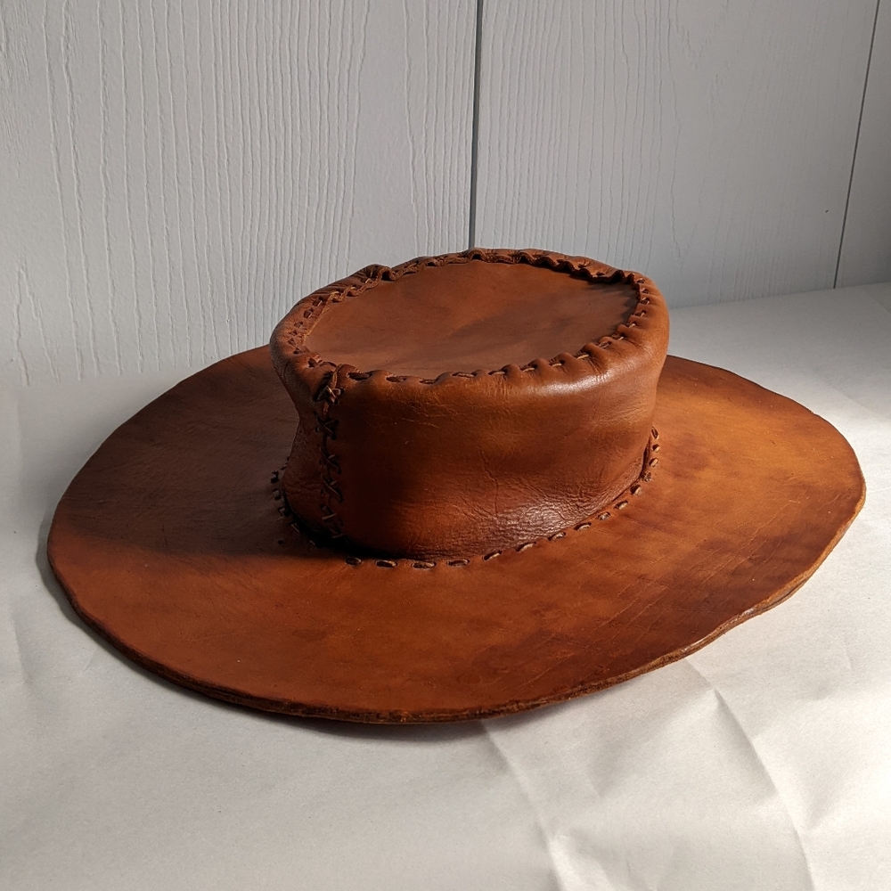 Handmade Leather Cowboy Rancher Hat Tan/Brown Vintage Rustic